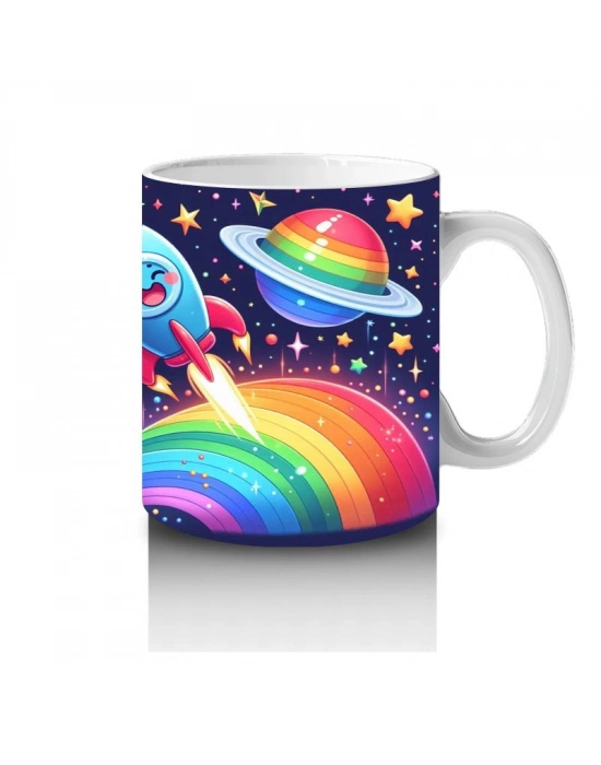 Çocuklara Sütü Sevdiren Gökkuşağından Fırlayan Neşeli Roketler Desenli Kupa Bardak