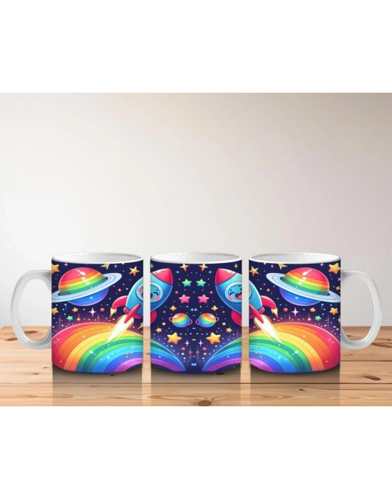 Çocuklara Sütü Sevdiren Gökkuşağından Fırlayan Neşeli Roketler Desenli Kupa Bardak