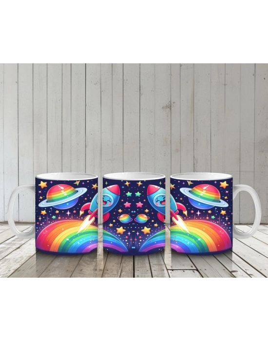 Çocuklara Sütü Sevdiren Gökkuşağından Fırlayan Neşeli Roketler Desenli Kupa Bardak