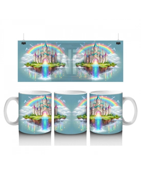 Çocuklara Sütü Sevdiren Gökkuşağıyla Aydınlanan Masal Şatosu Desenli Kupa Bardak