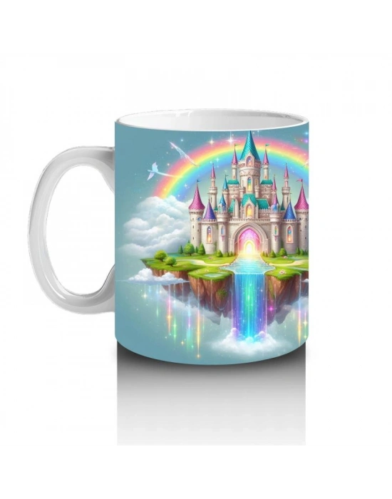 Çocuklara Sütü Sevdiren Gökkuşağıyla Aydınlanan Masal Şatosu Desenli Kupa Bardak