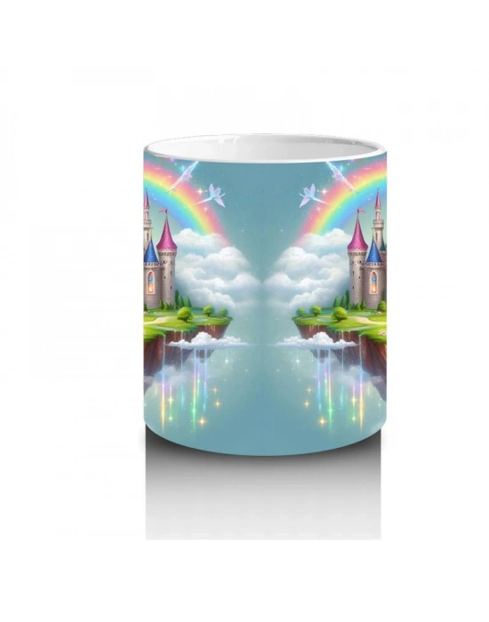 Çocuklara Sütü Sevdiren Gökkuşağıyla Aydınlanan Masal Şatosu Desenli Kupa Bardak