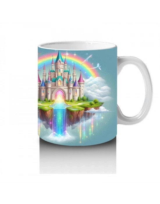 Çocuklara Sütü Sevdiren Gökkuşağıyla Aydınlanan Masal Şatosu Desenli Kupa Bardak