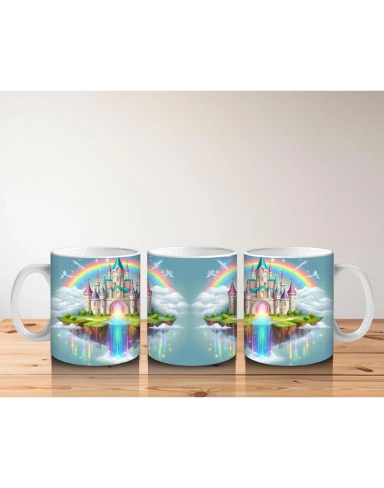 Çocuklara Sütü Sevdiren Gökkuşağıyla Aydınlanan Masal Şatosu Desenli Kupa Bardak