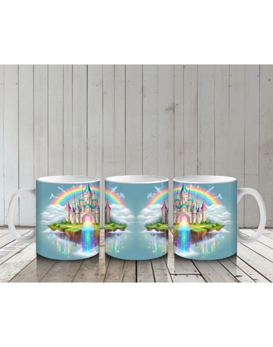 Çocuklara Sütü Sevdiren Gökkuşağıyla Aydınlanan Masal Şatosu Desenli Kupa Bardak