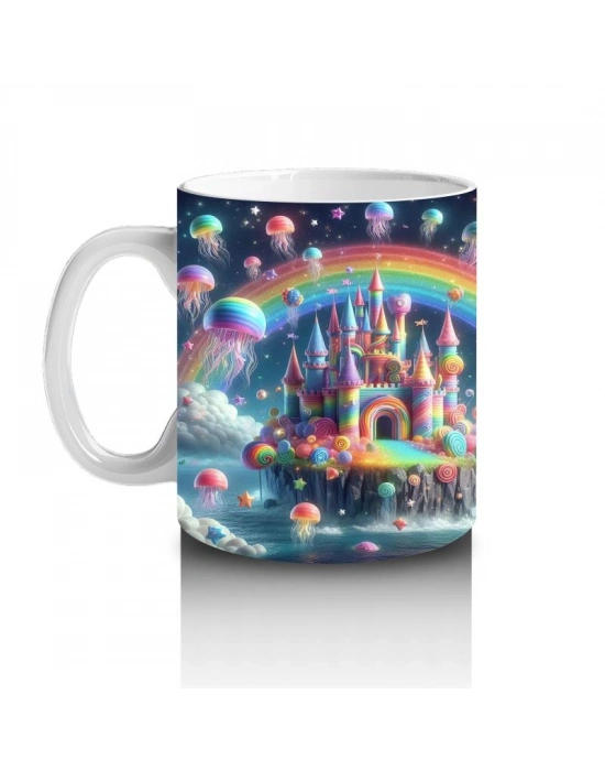 Çocuklara Sütü Sevdiren Gökkuşağıyla Parlayan Masal Şatosu Desenli Kupa Bardak