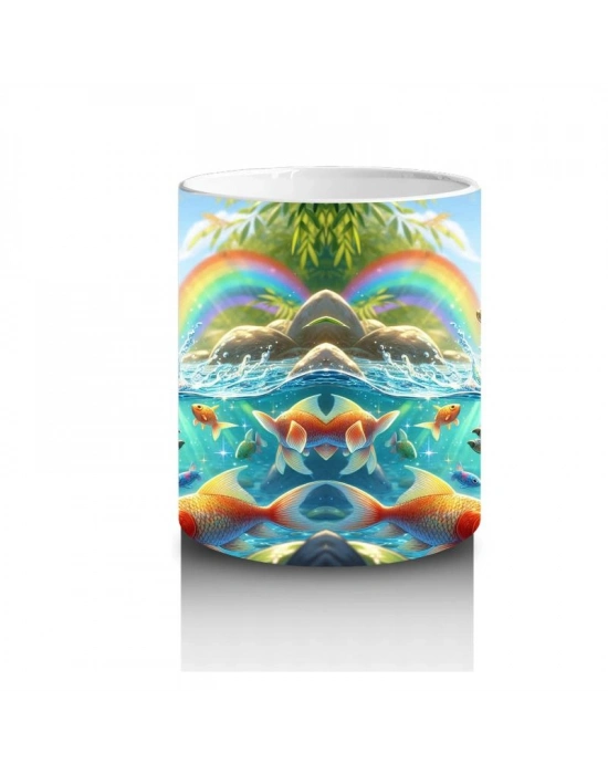 Çocuklara Sütü Sevdiren Gölet İçinde Yüzen Dinozor ve Balıklar Desenli Kupa Bardak