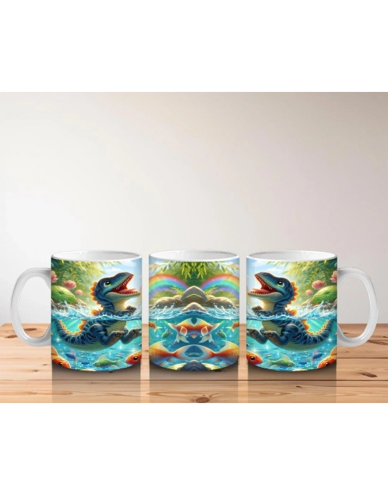 Çocuklara Sütü Sevdiren Gölet İçinde Yüzen Dinozor ve Balıklar Desenli Kupa Bardak