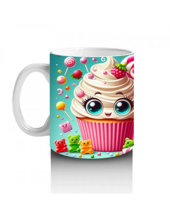 Çocuklara Sütü Sevdiren Gözleri Gülen Renkli Cupcake ve Şekerlemeler Desenli Kupa Bardak