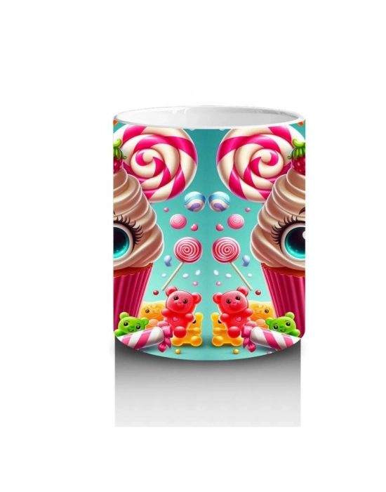 Çocuklara Sütü Sevdiren Gözleri Gülen Renkli Cupcake ve Şekerlemeler Desenli Kupa Bardak