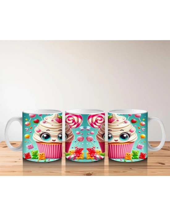 Çocuklara Sütü Sevdiren Gözleri Gülen Renkli Cupcake ve Şekerlemeler Desenli Kupa Bardak