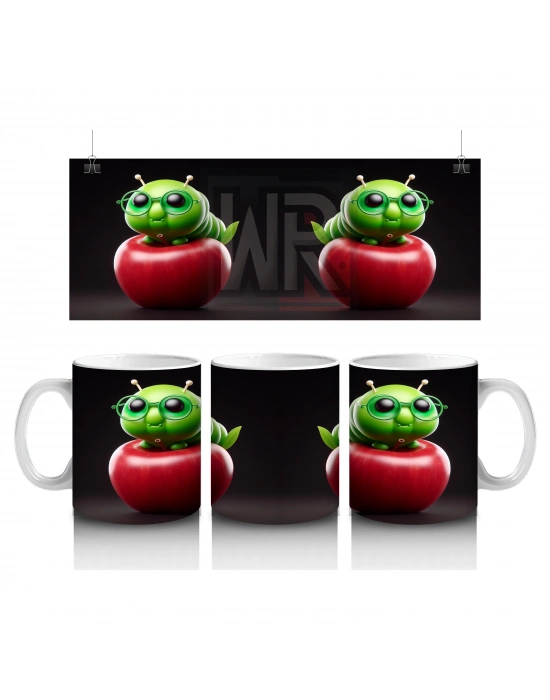 Çocuklara Sütü Sevdiren Gözlüklü Elma Kurdu Desenli Kupa Bardak