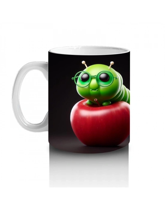 Çocuklara Sütü Sevdiren Gözlüklü Elma Kurdu Desenli Kupa Bardak