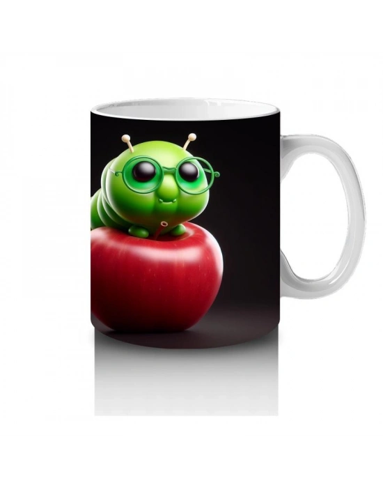 Çocuklara Sütü Sevdiren Gözlüklü Elma Kurdu Desenli Kupa Bardak