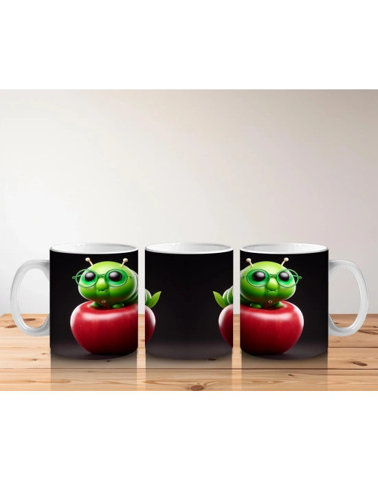 Çocuklara Sütü Sevdiren Gözlüklü Elma Kurdu Desenli Kupa Bardak