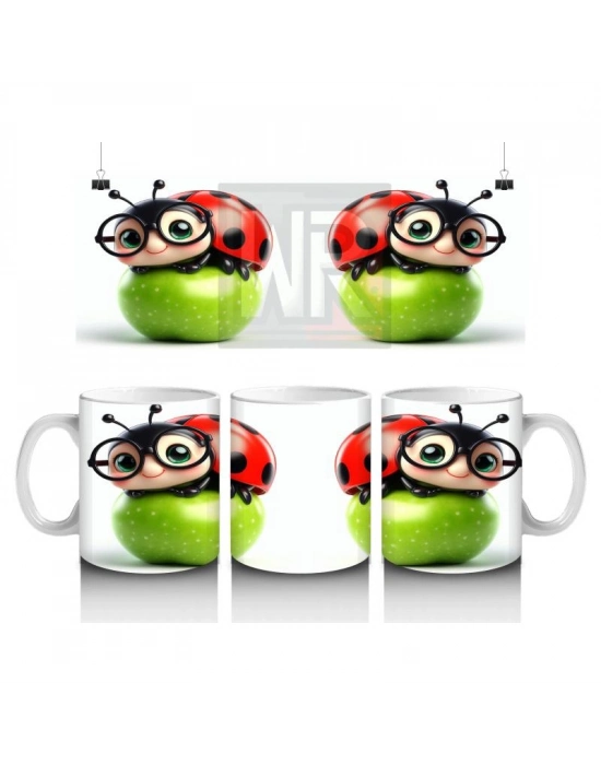 Çocuklara Sütü Sevdiren Gözlüklü Uğur Böceği ve Elma Desenli Kupa Bardak