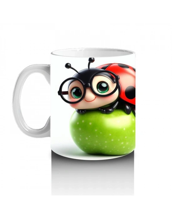 Çocuklara Sütü Sevdiren Gözlüklü Uğur Böceği ve Elma Desenli Kupa Bardak