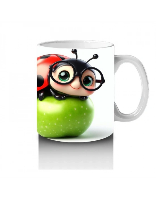 Çocuklara Sütü Sevdiren Gözlüklü Uğur Böceği ve Elma Desenli Kupa Bardak