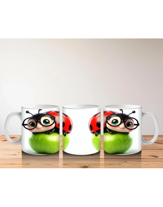 Çocuklara Sütü Sevdiren Gözlüklü Uğur Böceği ve Elma Desenli Kupa Bardak