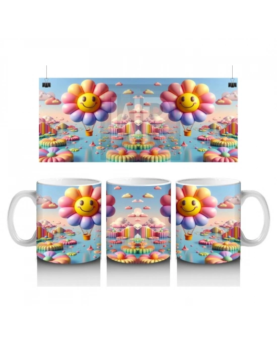 Çocuklara Sütü Sevdiren Gülümseyen Çiçek Balonlar ve Renkli Bulutlar Desenli Kupa Bardak