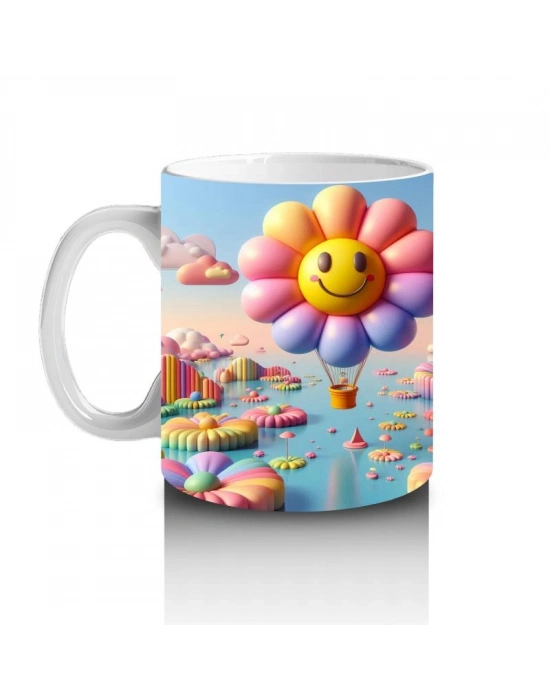 Çocuklara Sütü Sevdiren Gülümseyen Çiçek Balonlar ve Renkli Bulutlar Desenli Kupa Bardak