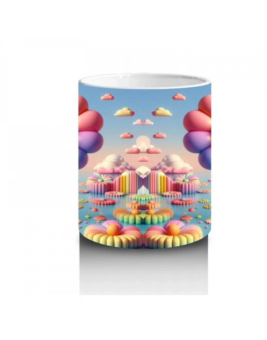 Çocuklara Sütü Sevdiren Gülümseyen Çiçek Balonlar ve Renkli Bulutlar Desenli Kupa Bardak