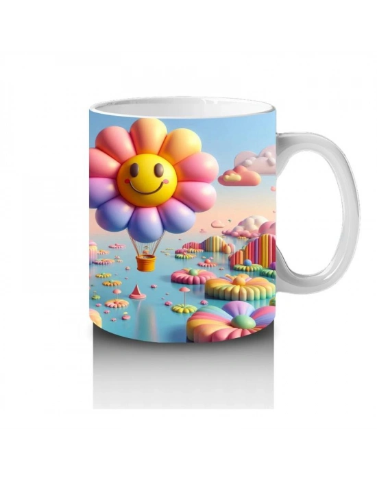 Çocuklara Sütü Sevdiren Gülümseyen Çiçek Balonlar ve Renkli Bulutlar Desenli Kupa Bardak