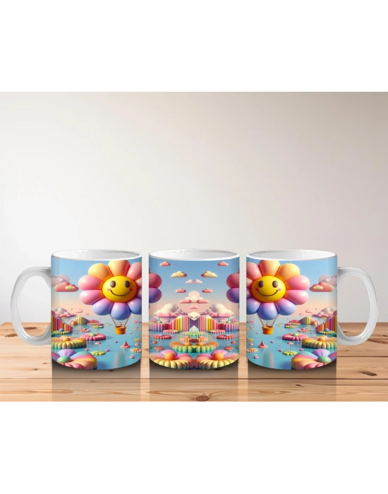 Çocuklara Sütü Sevdiren Gülümseyen Çiçek Balonlar ve Renkli Bulutlar Desenli Kupa Bardak