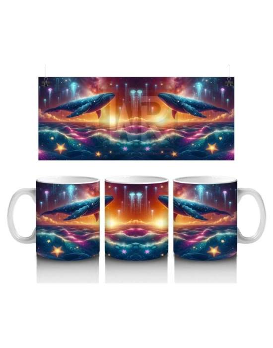Çocuklara Sütü Sevdiren Işıklar Altında Yüzen Kozmik Balina Desenli Kupa Bardak