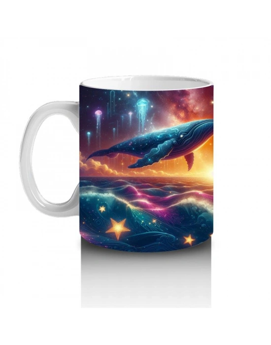 Çocuklara Sütü Sevdiren Işıklar Altında Yüzen Kozmik Balina Desenli Kupa Bardak