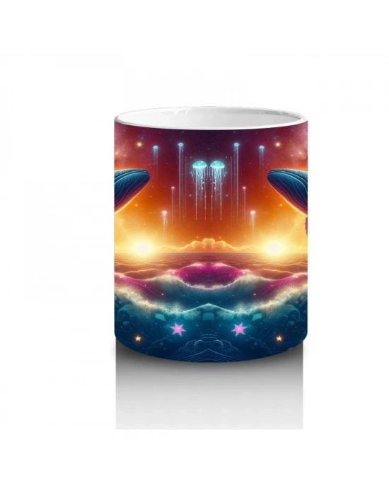 Çocuklara Sütü Sevdiren Işıklar Altında Yüzen Kozmik Balina Desenli Kupa Bardak