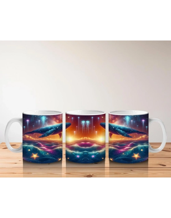 Çocuklara Sütü Sevdiren Işıklar Altında Yüzen Kozmik Balina Desenli Kupa Bardak