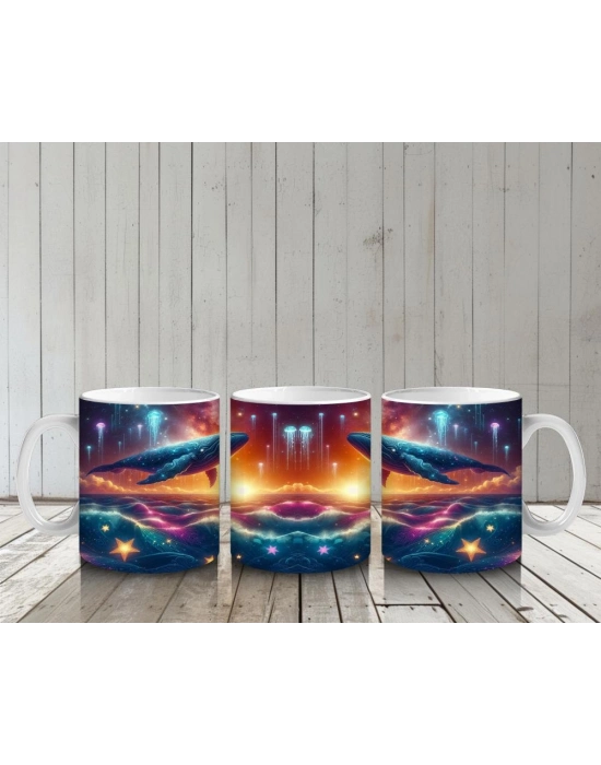 Çocuklara Sütü Sevdiren Işıklar Altında Yüzen Kozmik Balina Desenli Kupa Bardak