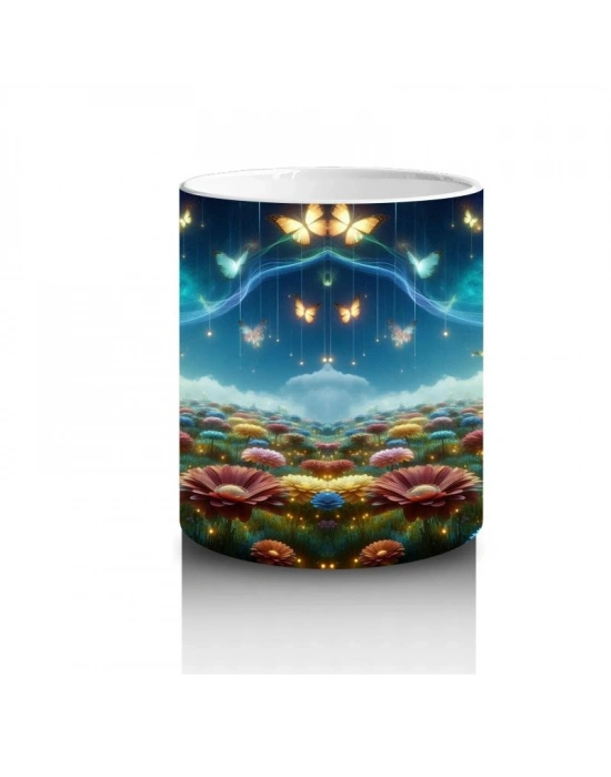 Çocuklara Sütü Sevdiren Işıltılı Kelebekler ve Masal Bahçesi Desenli Kupa Bardak