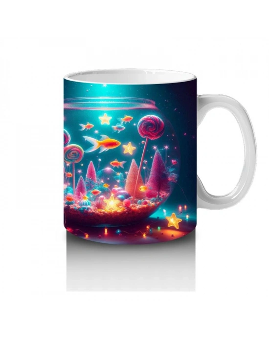 Çocuklara Sütü Sevdiren Işıltılı Masal Akvaryumu Desenli Kupa Bardak