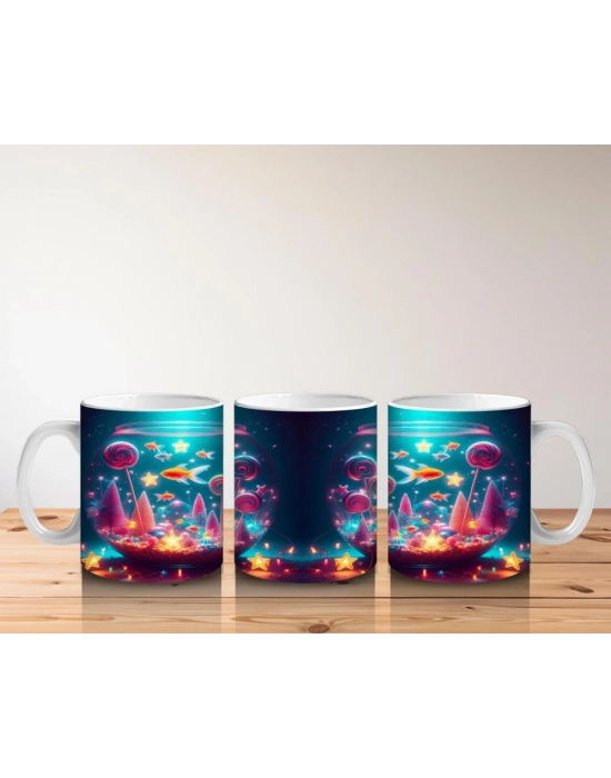 Çocuklara Sütü Sevdiren Işıltılı Masal Akvaryumu Desenli Kupa Bardak