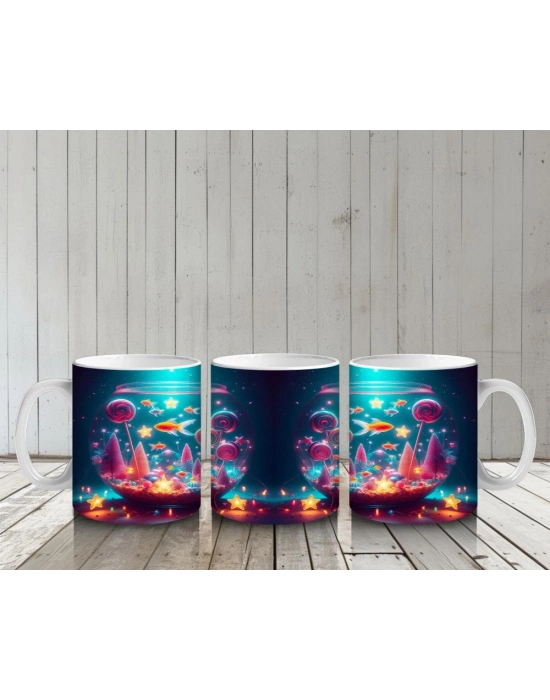 Çocuklara Sütü Sevdiren Işıltılı Masal Akvaryumu Desenli Kupa Bardak