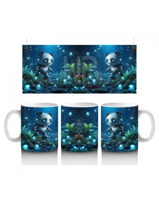 Çocuklara Sütü Sevdiren Işıltılı Ormanda Keşfe Çıkan Robot Panda Desenli Kupa Bardak