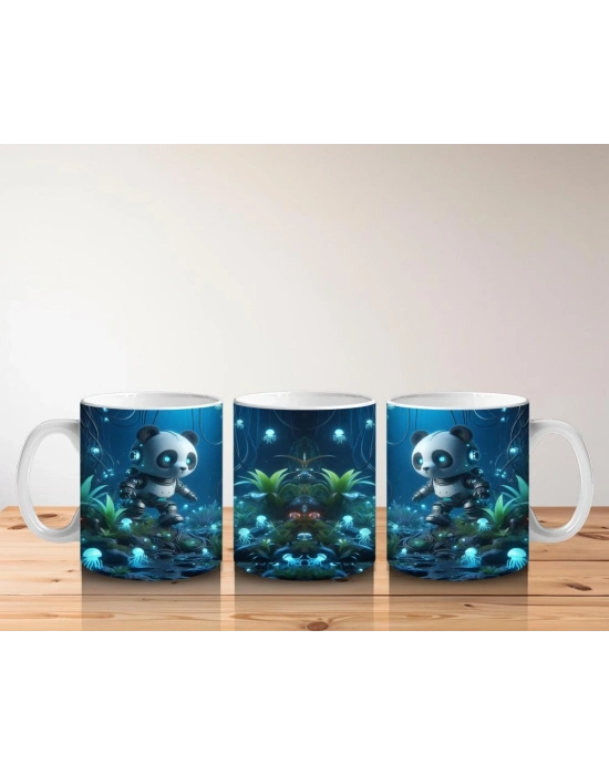 Çocuklara Sütü Sevdiren Işıltılı Ormanda Keşfe Çıkan Robot Panda Desenli Kupa Bardak