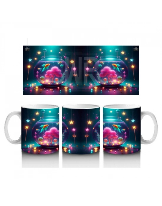 Çocuklara Sütü Sevdiren Işıltılı Renkli Balık Akvaryumu Desenli Kupa Bardak