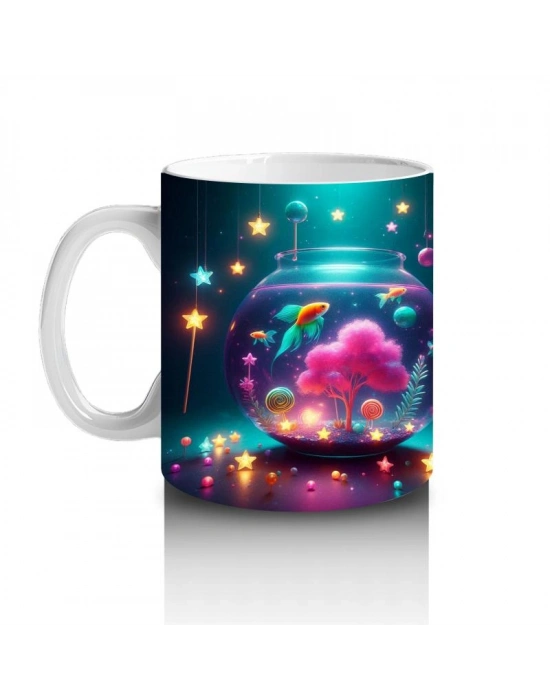 Çocuklara Sütü Sevdiren Işıltılı Renkli Balık Akvaryumu Desenli Kupa Bardak