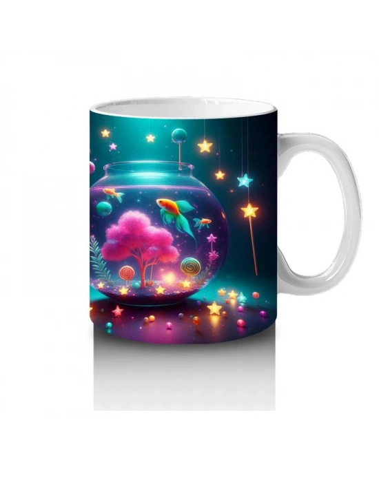 Çocuklara Sütü Sevdiren Işıltılı Renkli Balık Akvaryumu Desenli Kupa Bardak