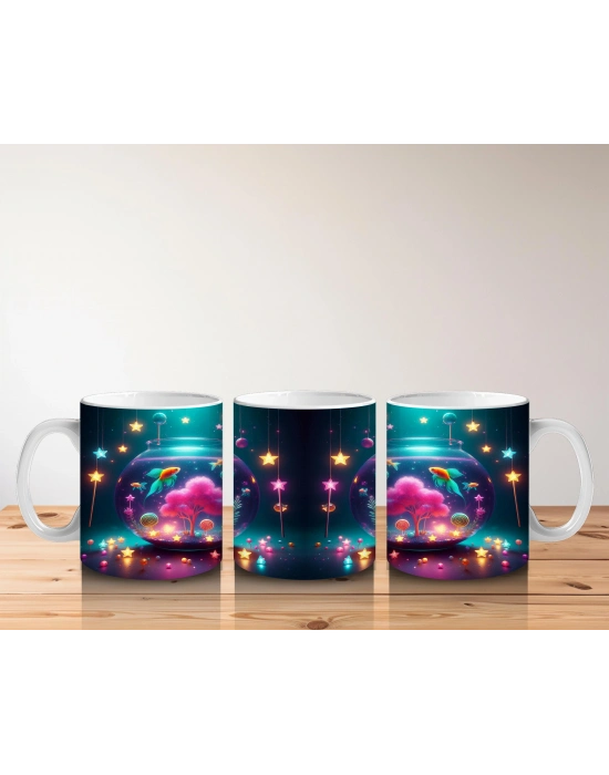 Çocuklara Sütü Sevdiren Işıltılı Renkli Balık Akvaryumu Desenli Kupa Bardak