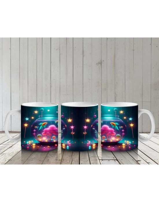 Çocuklara Sütü Sevdiren Işıltılı Renkli Balık Akvaryumu Desenli Kupa Bardak