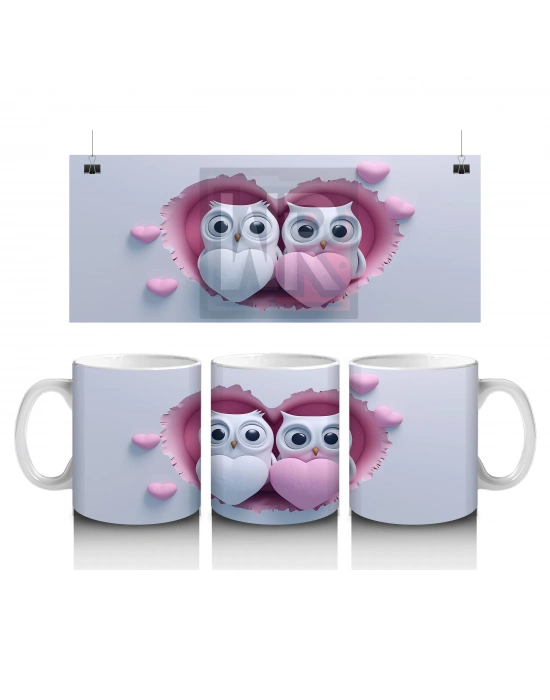 Çocuklara Sütü Sevdiren Kalp Çatlağından Bakan Neşeli Baykuş Çifti Kupa Bardak