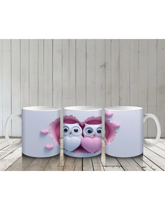 Çocuklara Sütü Sevdiren Kalp Çatlağından Bakan Neşeli Baykuş Çifti Kupa Bardak