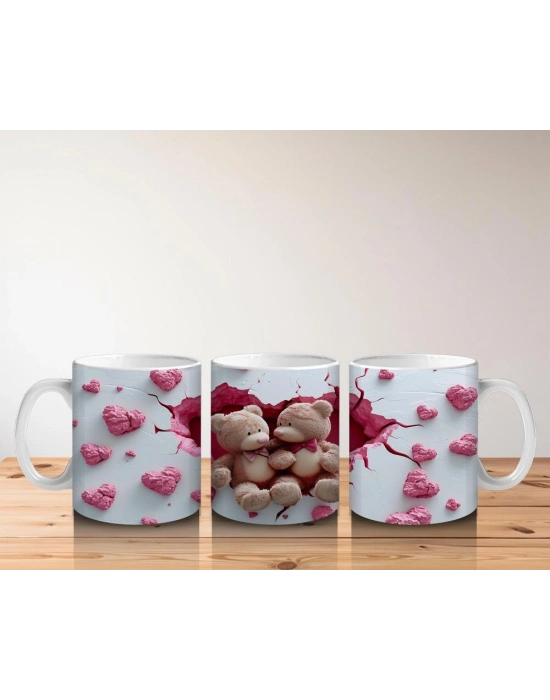 Çocuklara Sütü Sevdiren Kalp Çatlağından Bakan Peluş Ayıcıklar Kupa Bardak