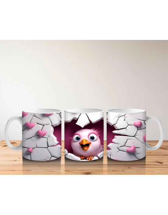 Çocuklara Sütü Sevdiren Kalp Çatlağından Bakan Pembeli Kuş Kupa Bardak