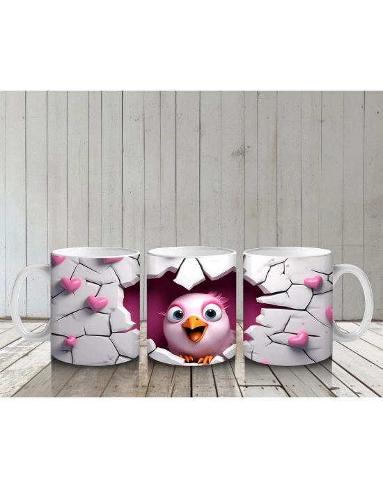 Çocuklara Sütü Sevdiren Kalp Çatlağından Bakan Pembeli Kuş Kupa Bardak