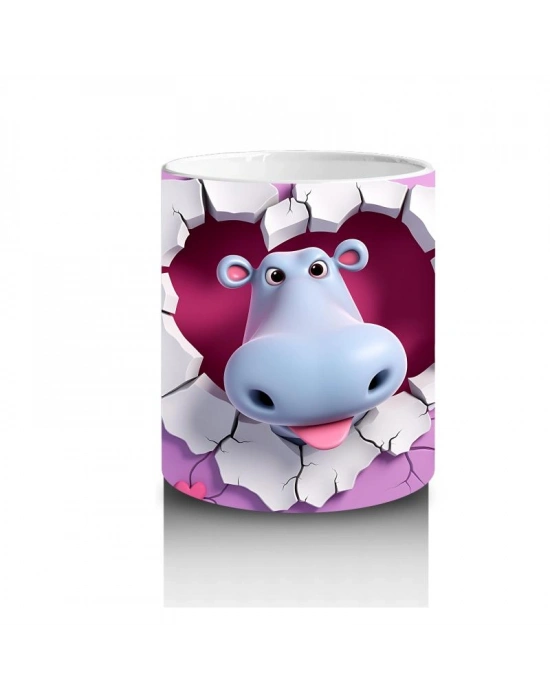 Çocuklara Sütü Sevdiren Kalp Çerçevesindeki Meraklı Su Aygırı Kupa Bardak